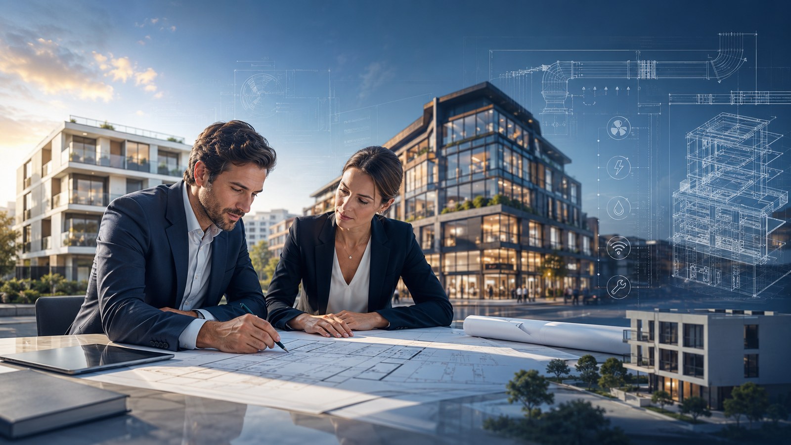 Consultation technique devant un bâtiment